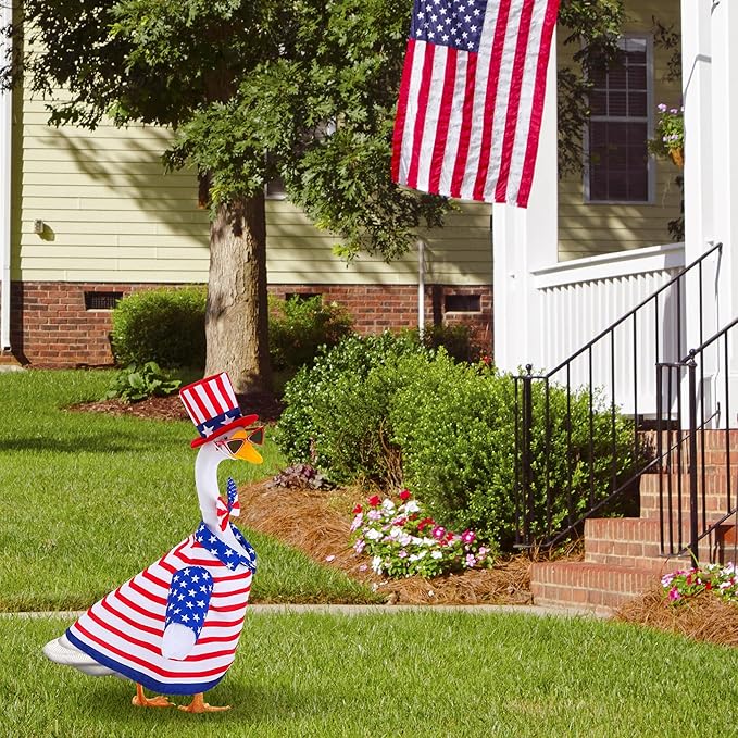 4 Pcs/Set 4th of July Porch Goose Outfit, 23" High Lawn Goose Statue Patriotic Costume Clothing, Independence Day Porch Garden Geese Clothes with Hat Glasses Bow Tie for Outdoor Patio Yard Decoration