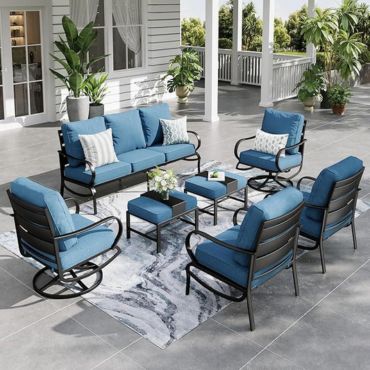 Sophia & William Patio Furniture Sets for 7 Outdoor Conversation Set 7 Pcs with 2 x Swivel Sofa Chairs, 2 x Armrest Chairs, 1 x 3-Seat Sofa, 2 x Ottomans for Coffee Garden Backyard Poolside Navy