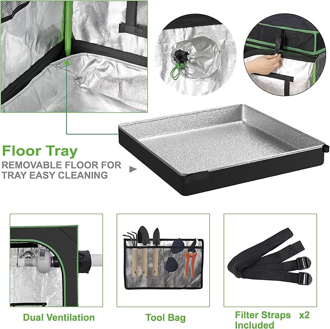 Nova Microdermabrasion 2×2 Grow Tent, Mylar Hydroponic Grow Tent Kit with Observation Window and Floor Tray, 24"x24"x36" High Reflective Lightproof Growing Room for Indoor Plant Fruit Flower Veg