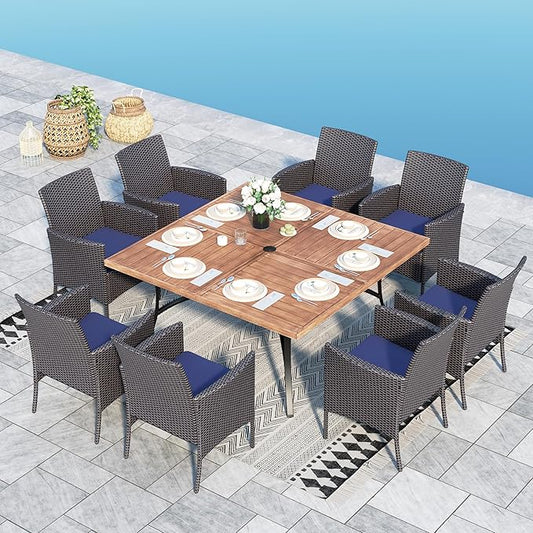 Sophia & William 9 Pieces Patio Dining Set for 8, All Weather Square Metal Patio Table and Wicker Chairs Set, Large Outdoor Dining Set for Outside, Teak Color Tabletop