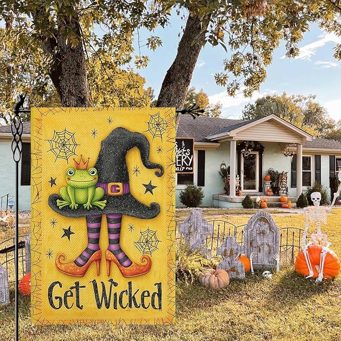 Get Wicked Garden Flag Witch Hat Holiday Garden Flag The Frog Prince Vertical Double Sided Rustic Farmland Burlap Yard Lawn Outdoor Decor 12.5x18"