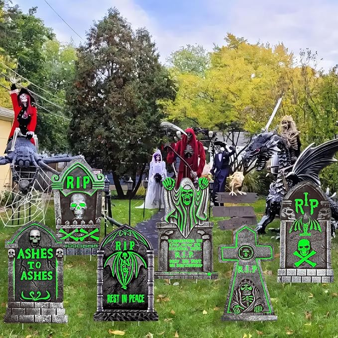 6 Pack Light Up Halloween Tombstones Decoration, 16.5"x11" Spooky Graveyard Decor for Outdoor Yard Parties, Waterproof Plastic Grave Markers with 12 Stakes for Cemetery Lawn Displays