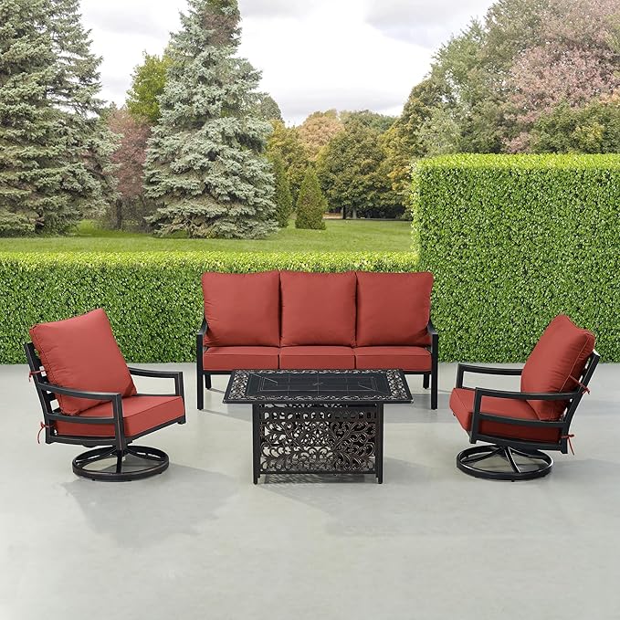 Oakland Living Black Aluminum Patio Fire Table Set with Deep Seating Sofa with Cushions and Two Club Chairs with Red Cushions