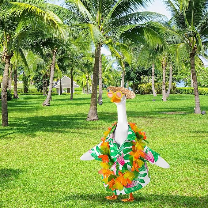 AZYM Hawaiian Porch Goose Outfits,Yard Goose Clothes Hawaiian Wreath with Straw Hat Glasses,4 Pcs/Set Summer Lawn Goose Costume,for 23" Statue Patio Garden Decoration