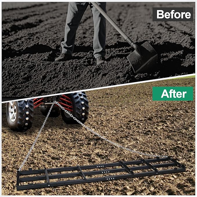 8 FT Drag Harrow Driveway Grader, Heavy Duty Power Rake w/ 6 FT Chain, Tow Behind Lawn Rake for ATV, UTV, Tractor, Mower, Land Leveler for Gravel, Sand, Soil, Hay