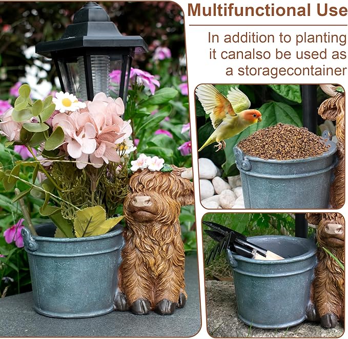 Highland Cow Statues Outdoor Solar Sculptures with Solar Lights and Flowerpot Funny Garden Decor Animal Figurines Resin Outdoor Statues for Patio Yard Lawn Balcony Grandma Mom Gifts