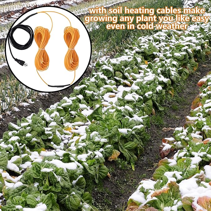 Adnee 59Ft Soil Heating Cable,Rubber Heating Warming Cable with Thermostat and Ground Stakes,Plant Soil Heater Cable for Cold Frame,Graden,Greenhouse Seed Grow