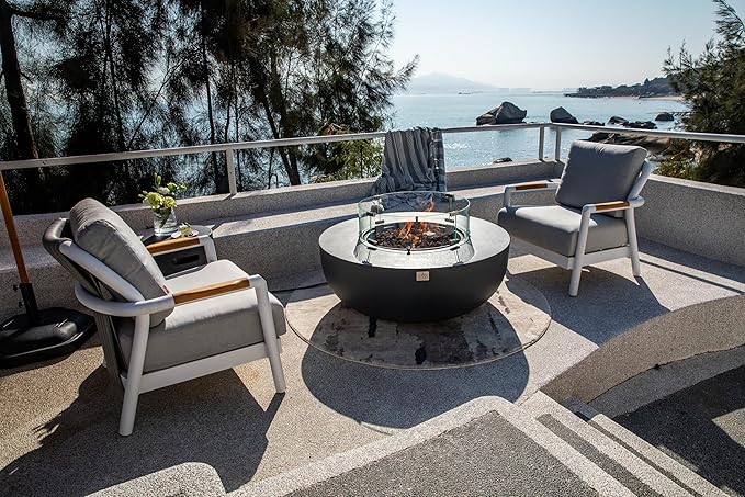AMS Creations | Eclipse 44" Bundle Round Cast Concrete Propane Gas Fire Pit Bowl Table | Dark Gray | Smooth Texture Surface | Electronic Ignition | Outdoor Patio Heater Outside Backyard Fireplace