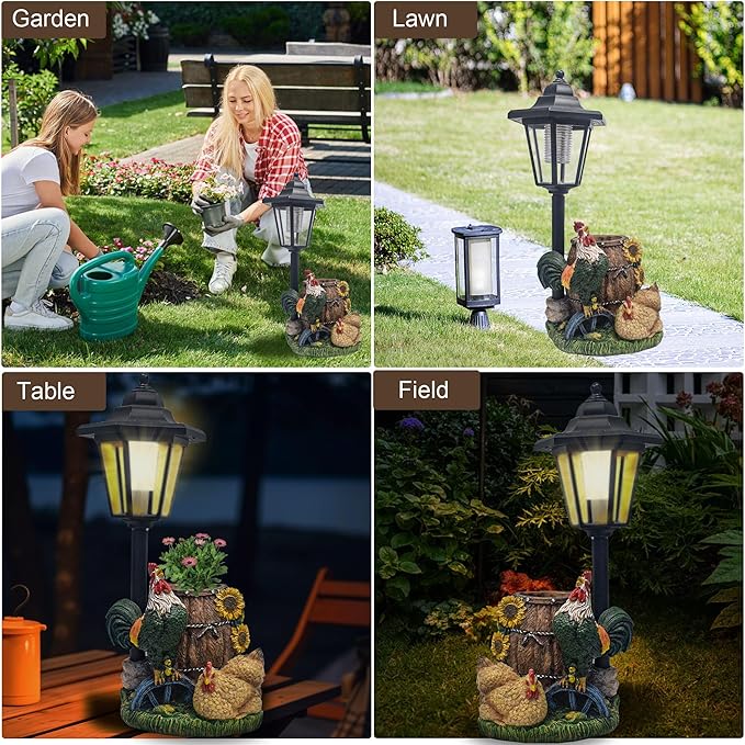 Rooster Statues Outdoor Solar Sculptures with Solar Lights and Flowerpot Funny Garden Decor Animal Figurines Resin Outdoor Statues for Patio Yard Lawn Balcony Grandma Mom Gifts