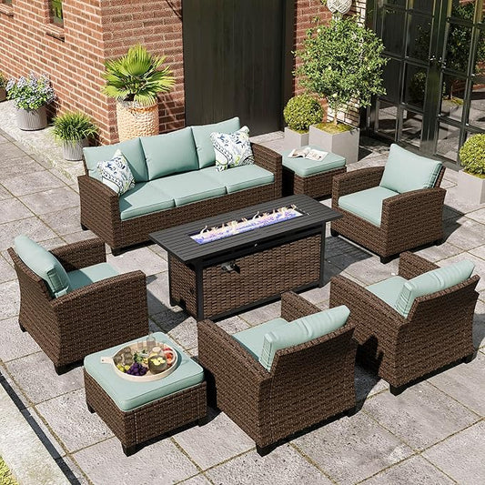 Patio Furniture Set, 8 Pcs Wicker Rattan Outdoor Conversation Set, 4 x Leg Chairs, 1 x 3 Seater Sofa and 2 x Ottoman with 4" Thick Cushion and 56" Fire Pit Table, Blue