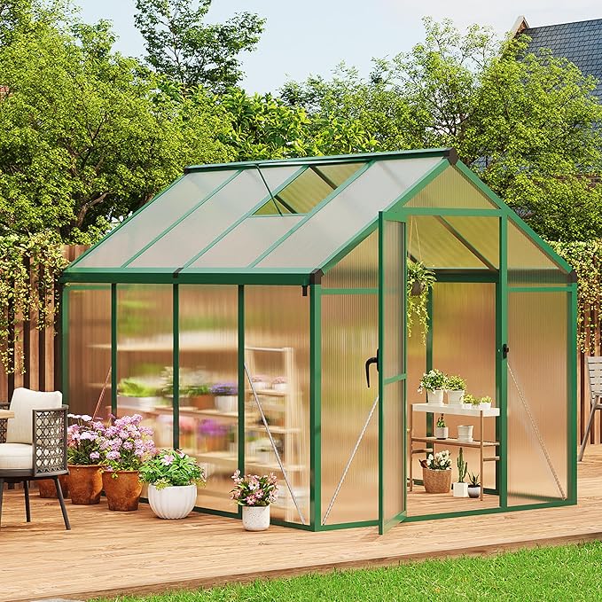 6x8 FT Greenhouse for Outdoors, Polycarbonate Flower Greenhouse with Roof Vent, Push-Pull Lockable Door, Aluminum Walk-in Greenhouses for Outside Garden Backyard, Patio, Lawn, Green