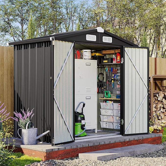 6x4 FT Outdoor Storage Shed with Base, Metal Garden Tool Shed with Sloping Roof & Lockable Door for Patio Lawn Backyard (Black with Base)