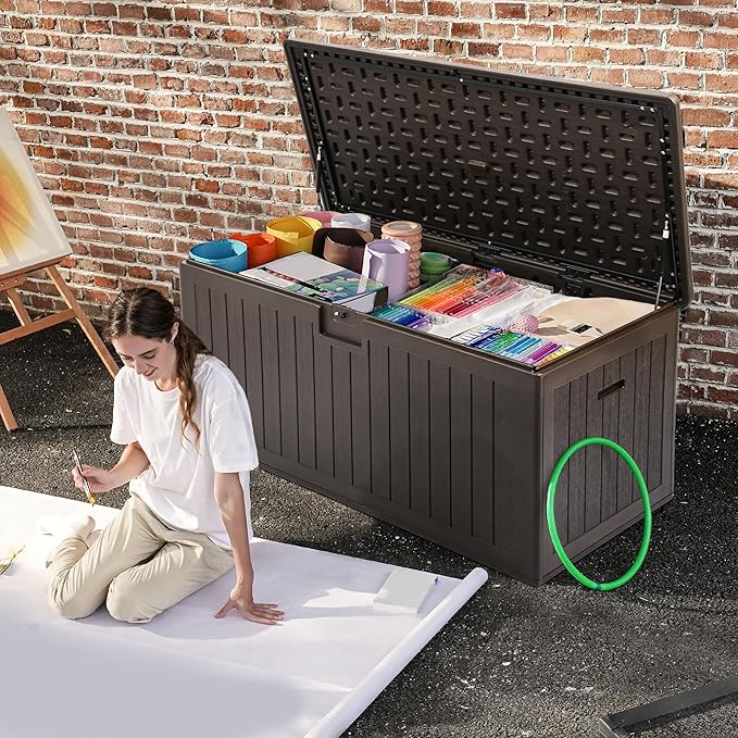 DWVO 150 Gallon Resin Outdoor Storage Box, XXL Double-Wall Waterproof Deck Box, Doubles as Table or Seating with 1000 lbs Capacity, Lockable (Brown)