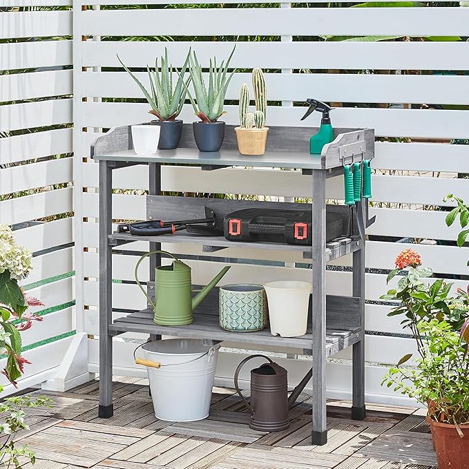 Yaheetech Garden Potting Table Horticulture Potting Bench w/Storage Shelf W/Metal Tabletop w/Hook 3 Shelves Workstation Work Benches Station, Gray