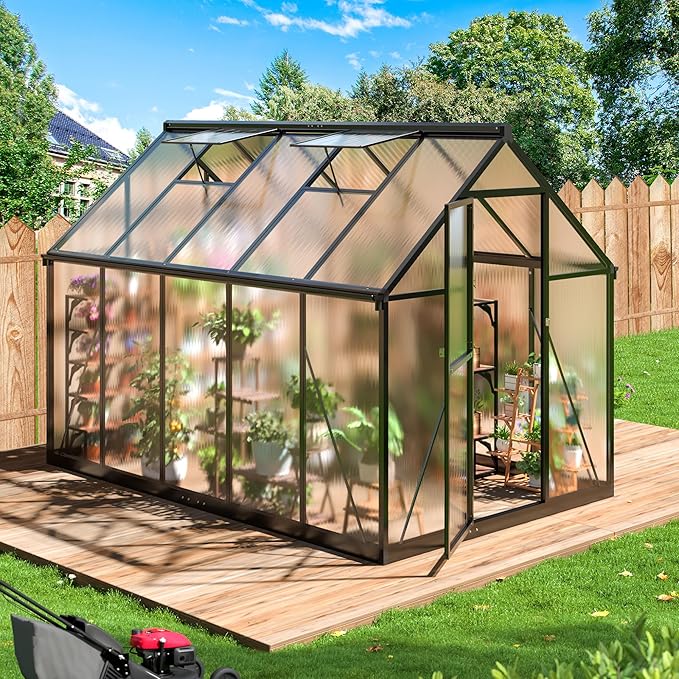 WKM 5.8x9.2 FT Greenhouse for Outdoors, Quick-fit Structure Green House with Window for Ventilation, Aluminum Greenhouse for Garden Backyard, Black