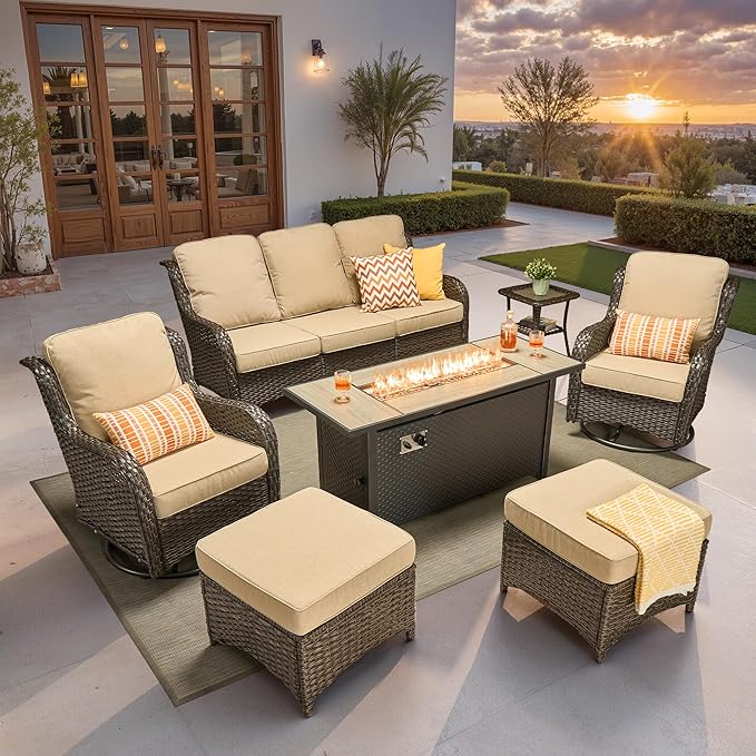 ovios 7 Pieces Patio Furniture Set, Outdoor Wicker Sofa Couch with Swivel Chairs 54" Fire Pit Table, All Weather High Back Modern Conversation Sets, Brown Rattan, Beige
