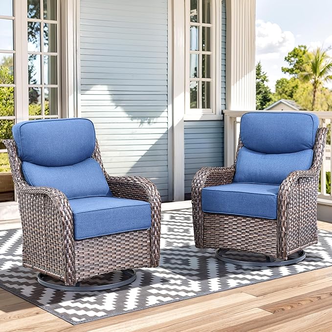 Luxury High Back Outdoor Swivel Rocker Patio Chairs with Side Table & 6-Inch Thick Cushions, 2 Pieces Patio Furniture Set for Porch, Balcony, Deck and Yard