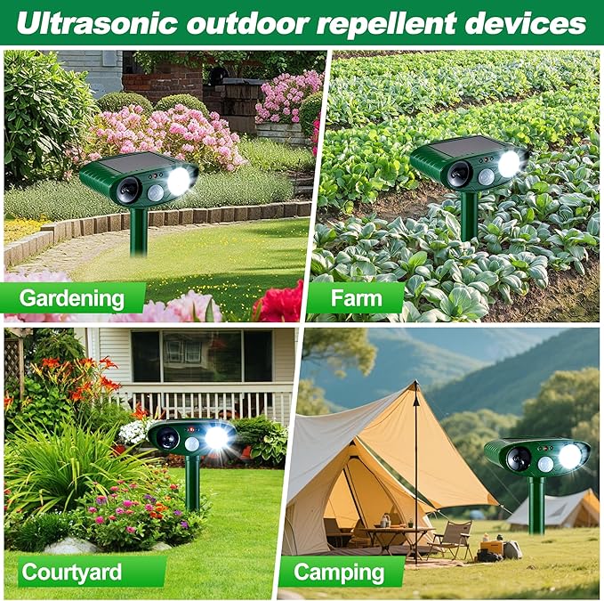 2 Pack Outdoor Solar Animal Repeller - Ultrasonic & Strobe Light, Deterrent for Cats, Dogs, Raccoons, Rabbits, Skunks, Foxes & More