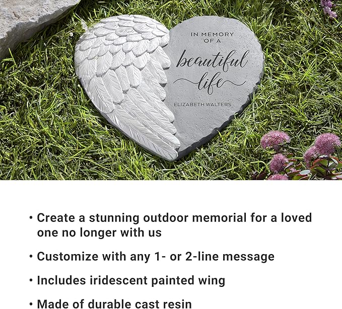 Let's Make Memories Personalized Memorial Garden Stone - Sympathy - Loss of Loved One - Condolences - Indoor/Outdoor - Durable Resin - 3D Iridescent Wing - Beautiful Life