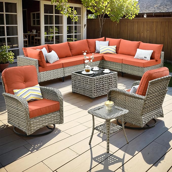 Outdoor Sectional Patio Furniture Set with Swivel Rocking Chairs,10 Pieces Wicker Conversation Sets L Shaped Couch Out Door Sofa Set Outside Furniture for Garden Deck Yard Porch,Red