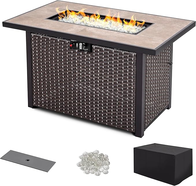 Nuu Garden Outdoor 43 Inch 50,000 BTU Propane Gas Fire Pit Table, Propnae Fire Pit with Ceramic Tabletop, Oxford Cover, Dark Brown and Coffee