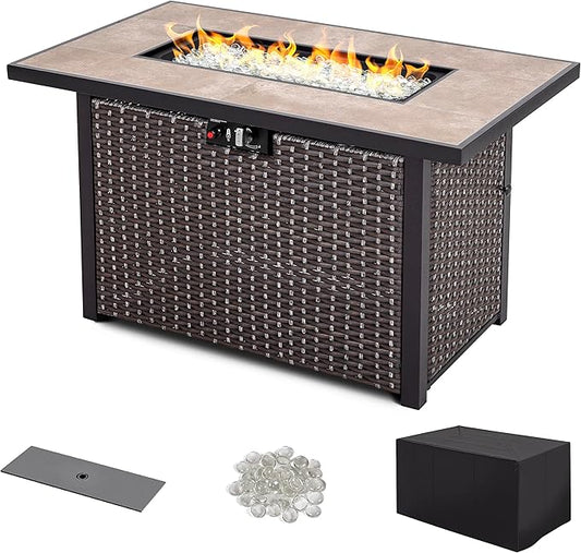 Nuu Garden Outdoor 43 Inch 50,000 BTU Propane Gas Fire Pit Table, Propnae Fire Pit with Ceramic Tabletop, Oxford Cover, Dark Brown and Coffee