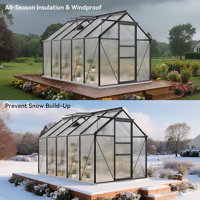 YITAHOME 10x6FT Polycarbonate Greenhouse Heavy Duty Green Houses Outdoor Aluminum Greenhouses w/ Sliding Doors Vent Window Walk-in Greenhouse for Garden Backyard, Matte Black