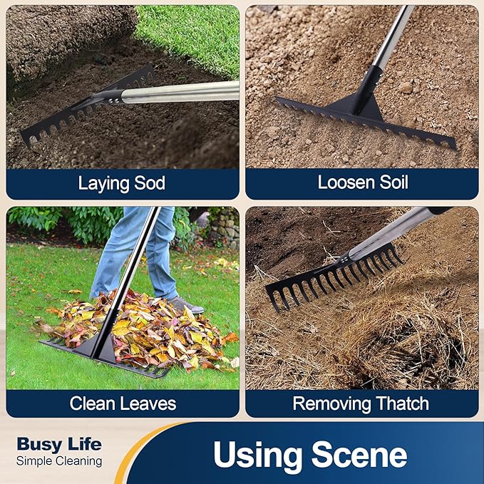 Yocada Thatch Rake 15.7" Steel Lawn Thatching Rake Heavy Duty Grass Grooming Tool for Garden Yard Soil Loosening Lawn Cleaning 62" Tall