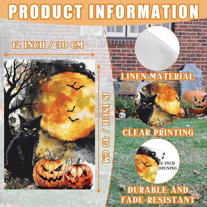Black Cat Halloween Garden Flag for Outside, 12x18 Inch Double Sided Halloween Black Cat Pumpkin Bats Yard Flag, Farmhouse Small Yard Flags for Outdoor Decorations, Holiday Decor Gifts-A15