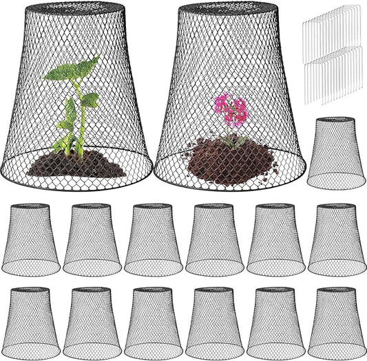 Therwen 15 Pcs Large Chicken Wire Cloche Plant Protector Cover 11x12 Inch Metal Garden Cloche Dome for Plants Wire Protection Basket with Garden Stakes Plant Cages from Animals (Black)