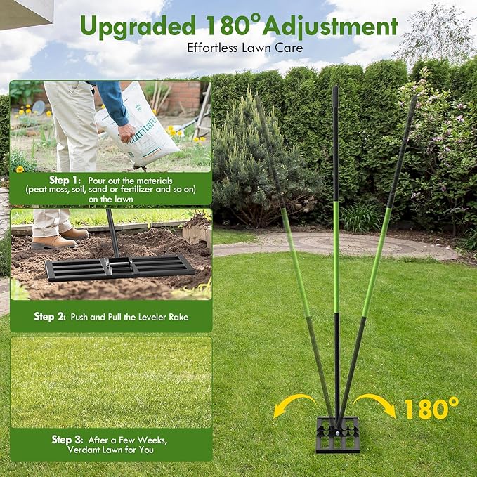 Seeutek Lawn Leveling Rake, 30” x 10” Lawn Leveler with 6.5FT Stainless Steel Handle Rakes for Lawns, 0-180° Adjustable Ground Leveler Tool for Yard, Level Soil Sand Dirt Surfaces