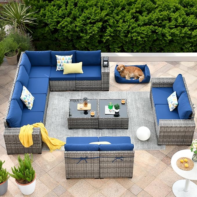 ovios 12 Pieces Patio Furniture Set, Outdoor Wicker Sectional Sofa with Glass Table Comfy Cushions, Modern Modular Deep Seat Couch Rattan Conversation Set, Navy Blue
