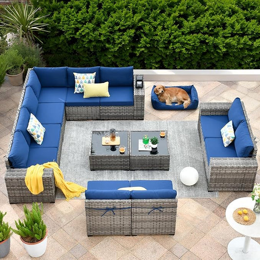 ovios 12 Pieces Patio Furniture Set, Outdoor Wicker Sectional Sofa with Glass Table Comfy Cushions, Modern Modular Deep Seat Couch Rattan Conversation Set, Navy Blue