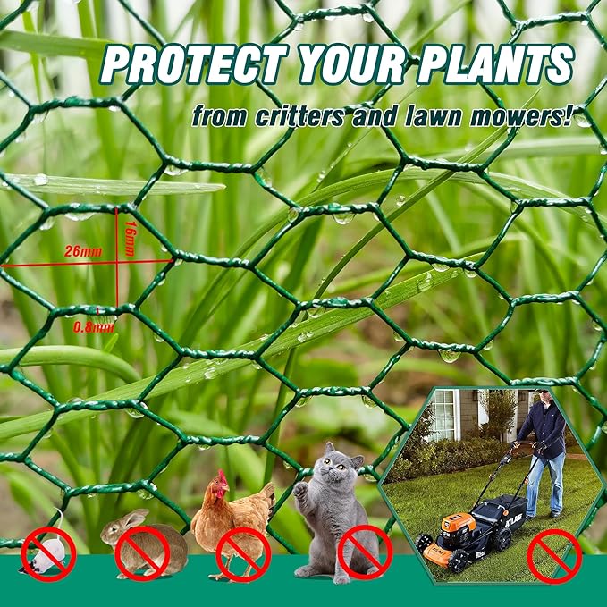 32.8FT x16Inch Plant Protectors from Animals - Wire Plant Protector Cages for Outdoor Plants, Free-Cut Metal Mesh Plant Covers Guards Fence, Chicken Wire Cloche with Ground Stakes,Zip Ties