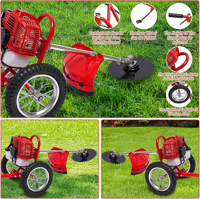 Weed Wacker, 2 Stroke 49 CC Gasoline Weed Eater, 6500-7000R/Min Hand Push Weed Wacker, 0.95L Small Weed Wacker, can Folded Rear Wheel, for Mountains, Hills, Plains, Orchards Etc