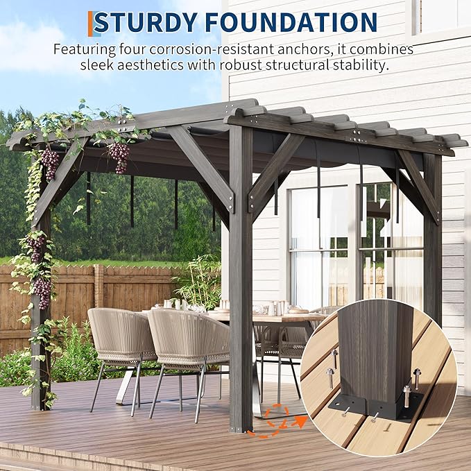 10x10 Ft Outdoor Wood Pergola with Retractable Roof & Mounting Kit Wooden Gazebo, Premium Support Structure, Wind and Snow Supported, Modern Outdoor Pergola for Porch, Grapevine and Deck