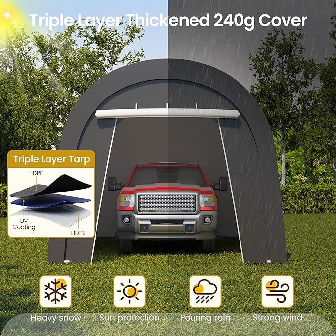 Wisteria Lane Domed Carport, Portable Garage with 2 Roll up Doors, Heavy Duty Car Canopy Party Tent, All-Season Storage Shelter Shed Carport for Motorcycle, Boat, Truck, or Garden Tools, 10' x 20'