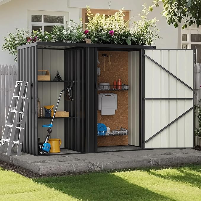 6×3 FT Metal Outdoor Storage Shed with Shelves, Lockable Waterproof Garden Tool Shed, Robust Backyard Patio Shed with Sloped Roof for Lawn Mower, Dark Gray (No Floor)