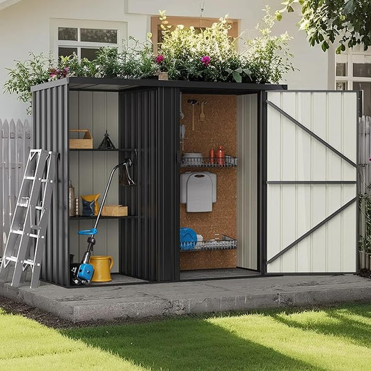 6×3 FT Metal Outdoor Storage Shed with Shelves, Lockable Waterproof Garden Tool Shed, Robust Backyard Patio Shed with Sloped Roof for Lawn Mower, Dark Gray (No Floor)