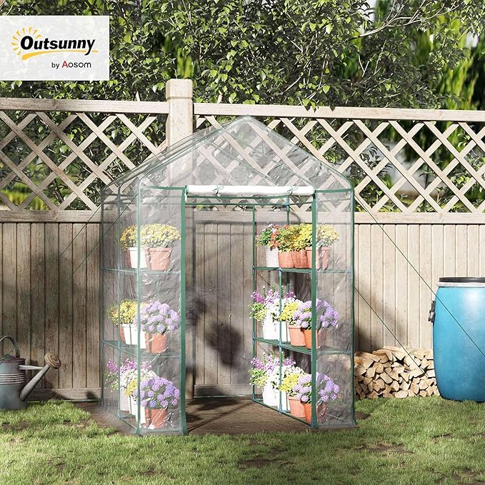 Outsunny 5' x 5' x 6' Mini Walk-in Greenhouse Kit, Portable Green House with 3 Tier Shelves, Roll-Up Door, and Weatherized Plastic Cover for Backyard Garden, Clear