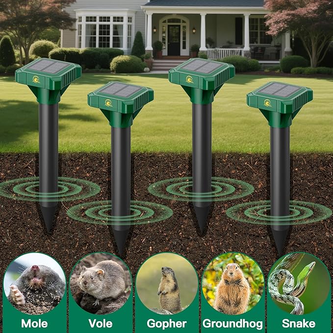 8 Pack Mole Repellent Solar Powered, IP65 Waterproof Gopher Chipmunk Repeller Outdoor, Groundhog Snake Repellent for Yard, Sonic Mole and Vole Deterrent Spikes, Effective Lawn and Garden Protection