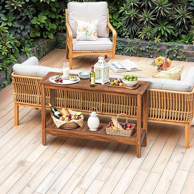 SUPER DEAL Patio Console Table, Outdoor Solid Wood Side Table Multifunctional Buffet Bar Storage Organizer with Foot Sliders, 48in 2-Shelf, Natural