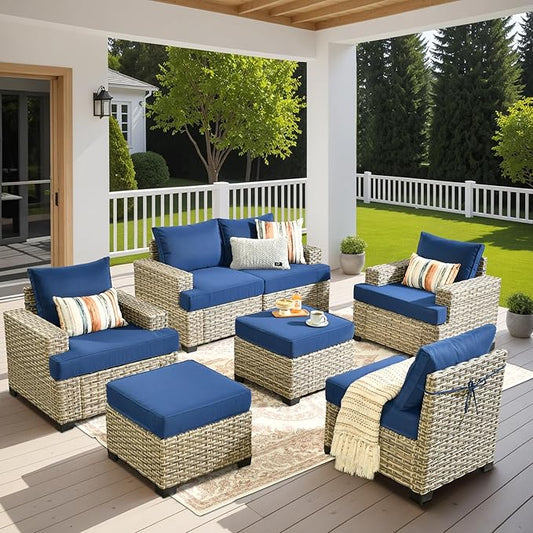 HOOOWOOO Outdoor Sectional Patio Furniture Set,7 Pieces Wicker Conversation Sets,Extra Deep Out Door Sofa Outside Furniture Couch with Ottoman,Navy Blue