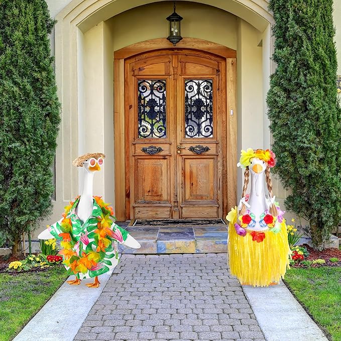 DECOHS 2 Set Hawaiian Porch Goose Outfits, Summer Bikini Lawn Goose Costume, Yard Goose Clothes Grass Skirt Straw Hat with Wreath Glasses Wig for 23" Statue Patio Garden Decoration