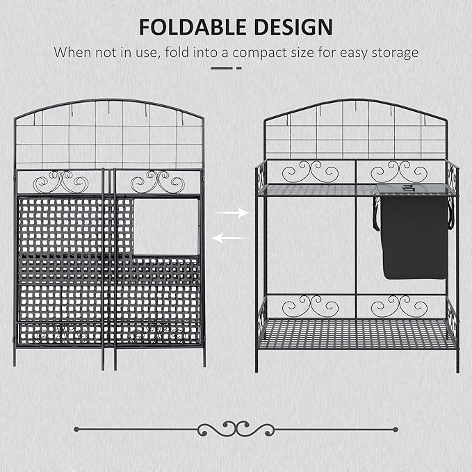 Outsunny Folding Potting Bench Table, Metal Garden Workstation, Work Bench with Large Build-in Bag with Cover, 5 Hanging Hooks & Storage Shelf, Flourishes