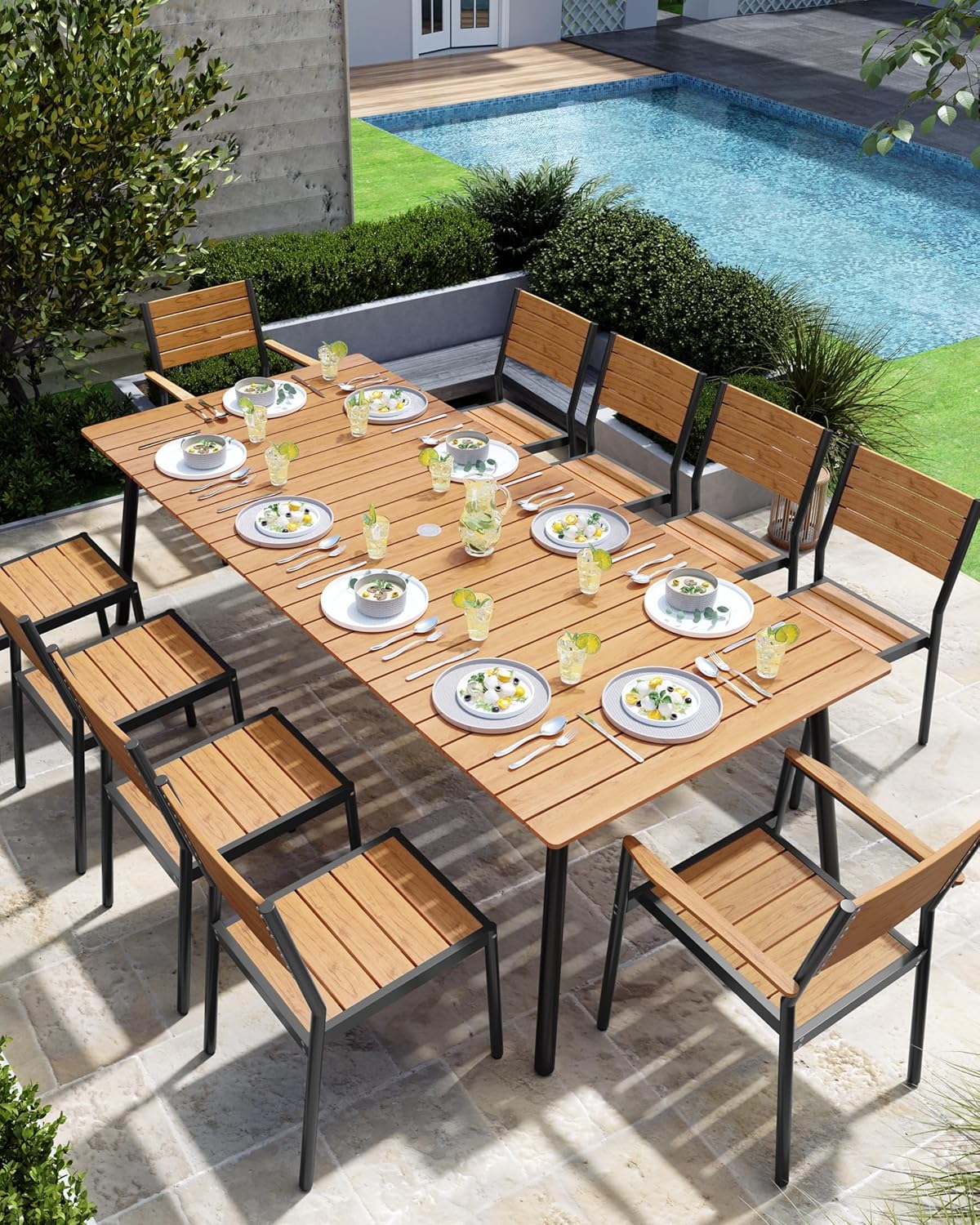 Outdoor Dining Table for 8-10, 94.5 inch Patio Dining Table with Wooden-Like Top and Aluminum Frame, Rectangular Table with Umbrella Hole Outdoor Furniture, Brown