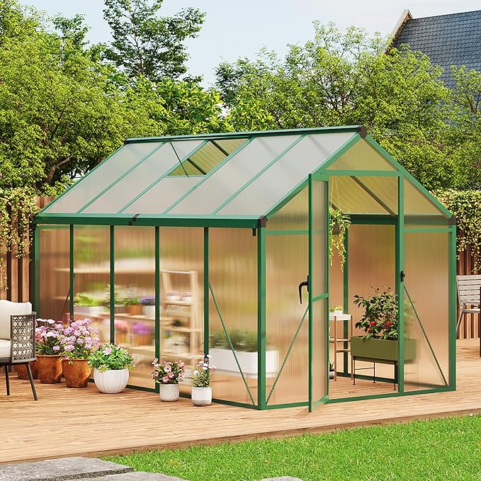 6x10 FT Greenhouse, Easy Assembly Aluminum Polycarbonate Greenhouses for Outdoors with Roof Vent and Ground Nails, Heavy Duty Aluminum Walk-in Greenhouse for Backyard, Sliding Lockable Door, Green