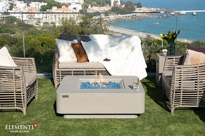 Elementi+ | Lucerne Gas Fire Pit Cast Concrete 42" Square Fire Table, Outdoor Fire Pit Electronic Ignition | Canvas Cover, Fire Glass and Burner Lid Included | Light Gray | Natural Gas