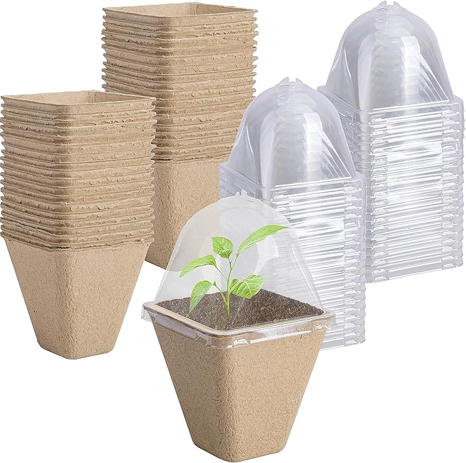 40 Pcs Square Biodegradable Seed Starter Pots with Humidity Dome - 3.1 Inch Square Planter for Outdoor Garden Vegetable Flower Germination
