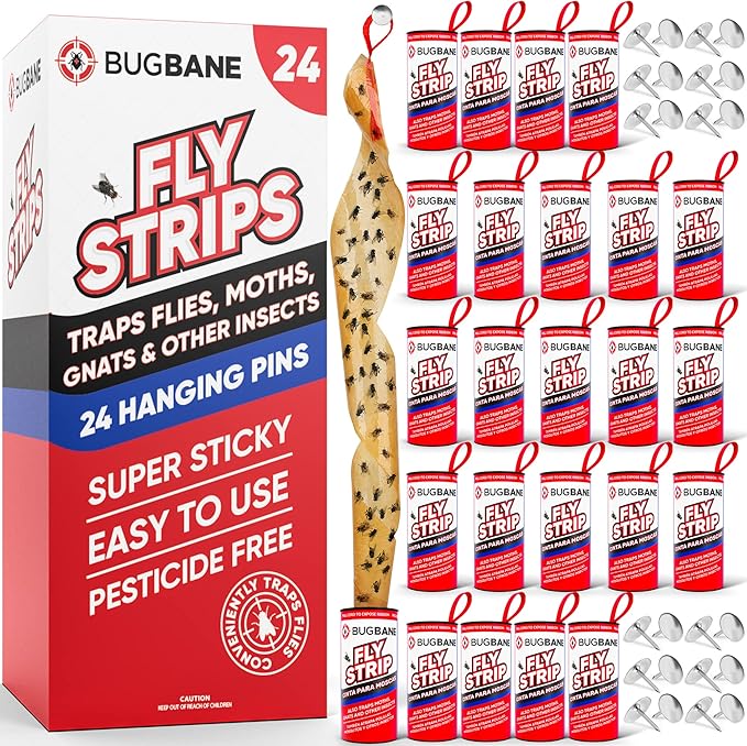 Fly Strips Indoor Sticky Hanging 24pk with Pins. Non Toxic Outdoor Fly Trap Indoor for Home. Flies Tape Paper Trap Ribbon Roll for House Gnat Fruit and Housefly. Bug Catchers for Inside Home Flypaper